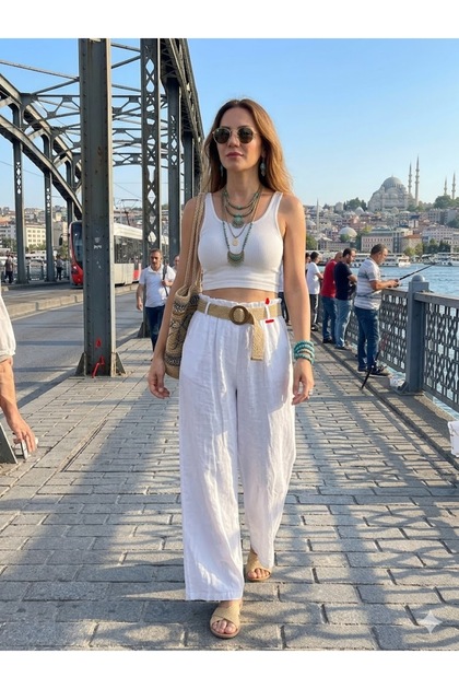 Women's Italian White Elastic Waist Plain Pattern Side Pockets Belted Wide Leg 100% Linen Trousers