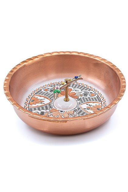 Hand-Embroidered Copper Bath Bowl with Fish Figure