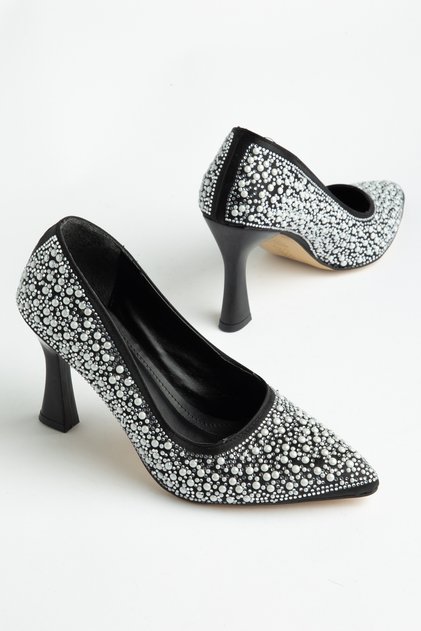 Women's Black Closed-Back Pearl Motif High Heel Stiletto