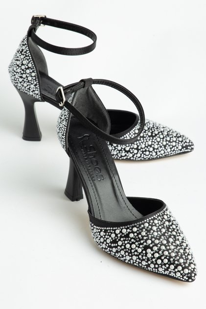 Women's Black Semi-Closed Pearl Motif High Heel Stiletto