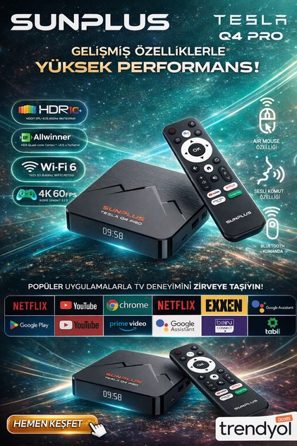 | Tesla Q4 Pro | 6K Android Tv Box | 4+32G | Ses Komutlu + Bluetooth Air Kumanda