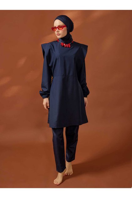 Beli Cord Detailed Basic Full Covered Hijab Swimsuit - Navy Blue -