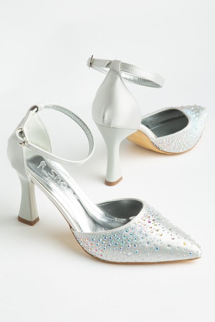 Women's Silver Semi-Closed Diamond Patterned High Heel Stiletto