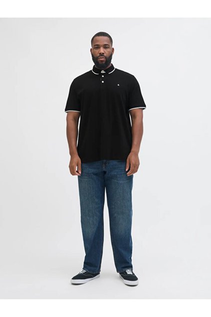 Jack&Jones Large Size Black Men's Polo Collar T-Shirt Comfortable Fit 12143859