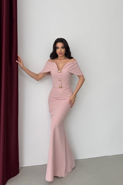 Rochie de seară cu guler tip Madonna, cu curea și detalii cu nasturi