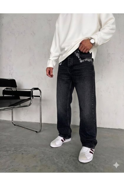 Erkek Baggy Fit Cep Nakış Detaylı Denim Pantolon