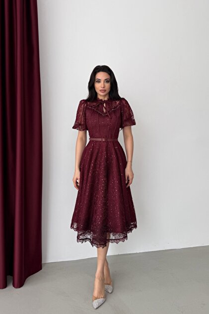 Serica Moda Burgundy Lace Sequin Embroidered Short Sleeve Midi Evening Dress- Trendyol Serica Moda Burgundy Lace Sequin Embroidered Short Sleeve Midi Evening Dress- Trendyol