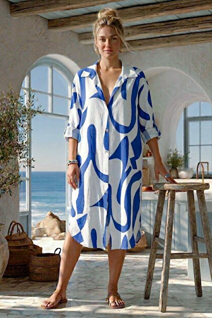 Chiccy Italian Blue-White Shirt Collar Buttoned Long Sleeve Hidden Pocket  Muslin Oversize Woven Dress 111 68- Trendyol