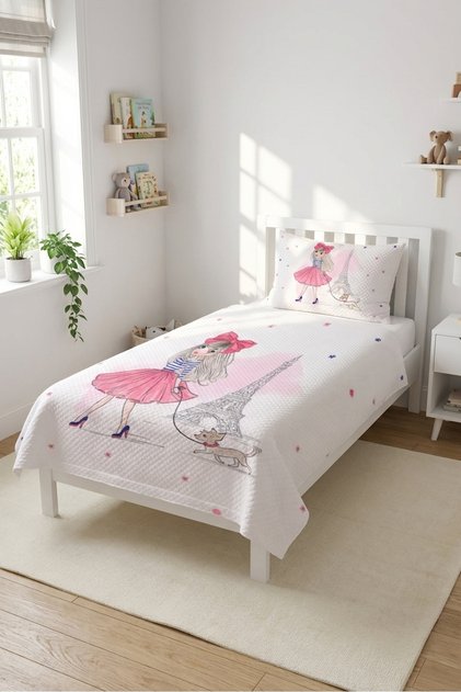 Fashion Paris Girl Themed Children's Pique Set - Urban Elegance Nordic Powder White Quilted Bedspread
