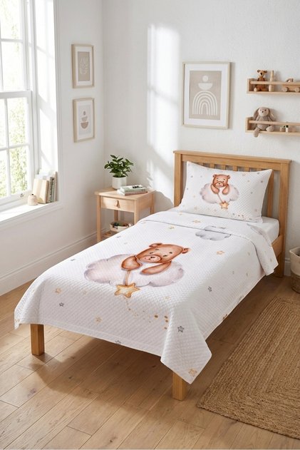 Cloudy Starry Children's Single Pique Set with Teddy Bear - Fairytale Nordic Powder Ecru Bedspread