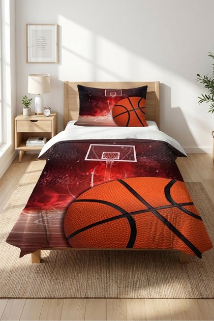 Basketball Hoop Single Person Pique Set-Basketball Teen Room Burgundy Orange Decorative Bedspread