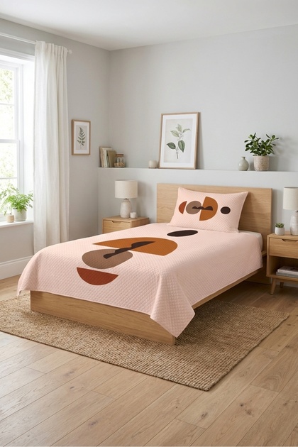 Geometric Abstract Patterned Teenager Pike Set-Minimal Art Themed Scandinavian Tile Beige Bedspread