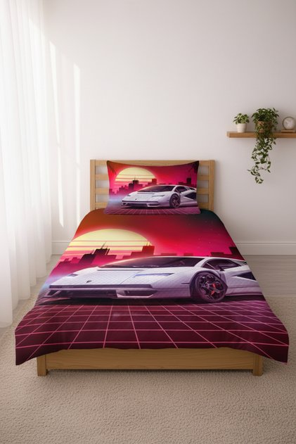 Car Racer Baby Pique Set-Futuristic Automobile Themed Modern Fuchsia White Decorative Bedspread