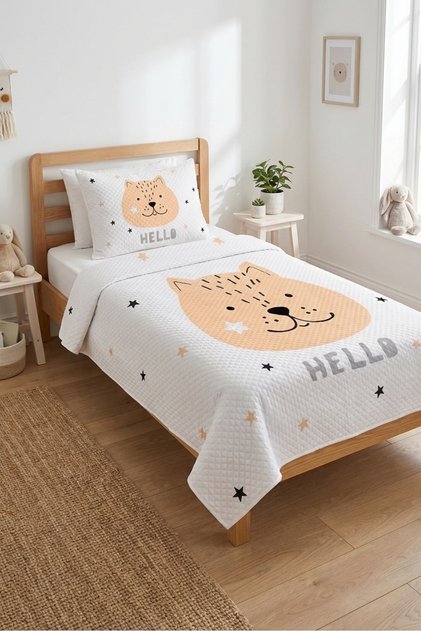 Cute Cat Star Pattern Baby Pique Set-Minimal Animal Themed Nordic Powder Ecru Bedspread