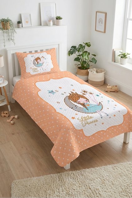 Princess Moon Star Polka Dot Baby Pique Set - Fairytale Nordic Salmon Ecru Decorative Bedspread