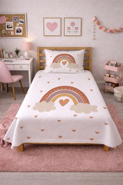 طقم غطاء سرير مزين بتصميم قلب قوس قزح وغيوم - غطاء سرير رومانسي بتصميم خيالي على الطراز الاسكندنافي