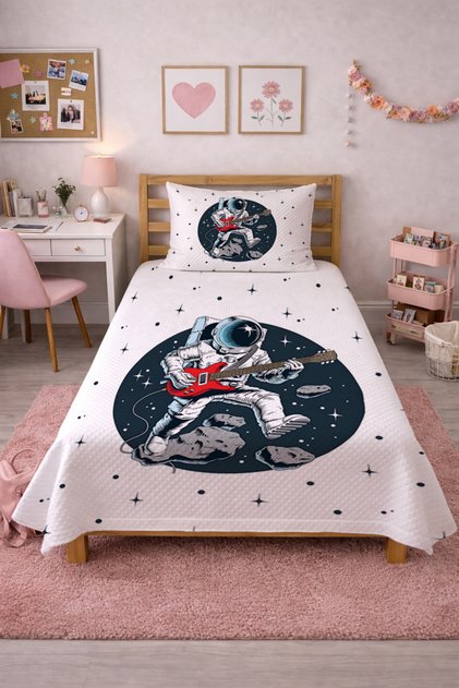 Astronaut Starry Space Themed Children's Pique Set-Galaxy Navy Blue White Decorative Bedspread