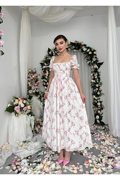 Julidress Floral Patterned Maxi Dress with Corset Detail - Price