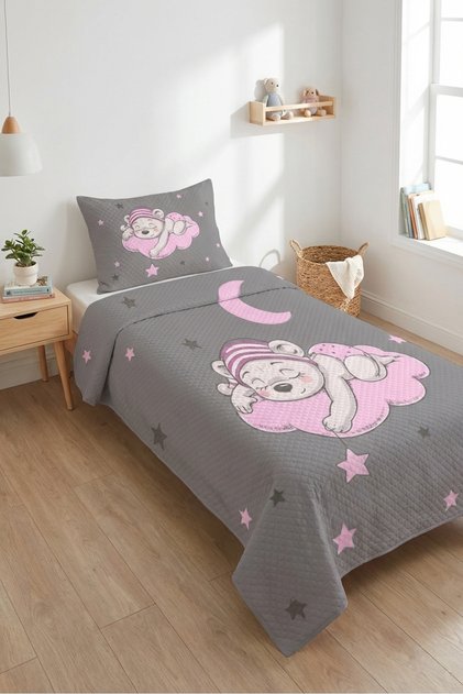 Sleeping Bear Star Cloudy Children's Pique Set - Dream Themed Nordic Gray Pink Quilted Bedspread