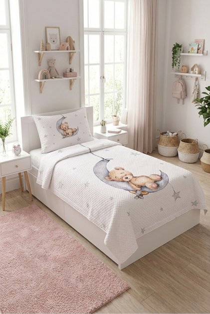 Teddy Bear Star Sleep Theme Single Pique Set - Fairytale Nordic Gray Powder Decorative Bedspread