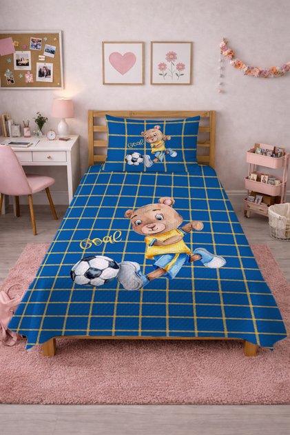 Football Player Teddy Bear Plaid Baby Pique Set - Cute Sports Themed Modern Cobalt Blue Yellow Quilted Bedspread
