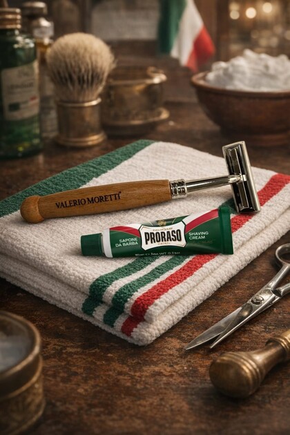 メイク道具・化粧小物 90s Italy Shaving set VALERIO MORETTI Classic Razor with Wooden Handle + Shaving Cream