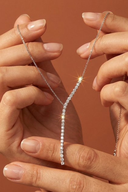 Accessories Women's Y Model Stone Necklace Silver Color Elegant Sparkling Design 40+2 cm