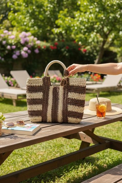 Peekaboo Hand Knitted Paper String Shoulder & Hand Bag | Kraft & Brown | Lined | Daily & Holiday Use