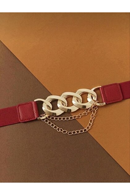 Chain Detailed Red Elastic Women's Belt Dress Belt Shirt Belt Jacket Belt Elastic Belt