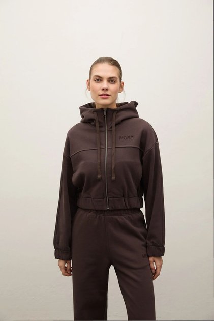 Indo Kadın Kapüşonlu Fermuarlı Crop Sweatshirt