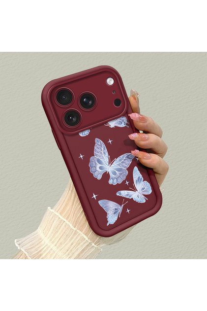iPhone 17 Pro Max Compatible Silicone Phone Case with Ribbon Button and Butterfly Pattern