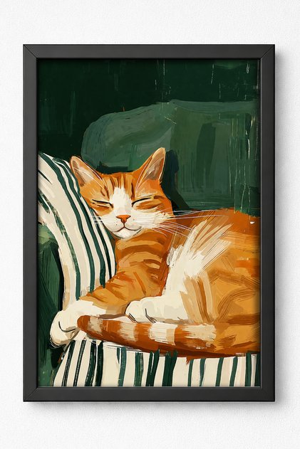 Bohem Stil Uyuyan Kedi Tablosu, Ahşap Çerçeveli Tablo, Siyah Çerçeveli Minimalist Poster Tablo