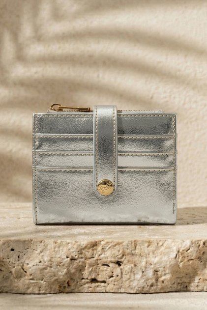 Card Holder Compartment Snap Detail Women's Wallet Silver