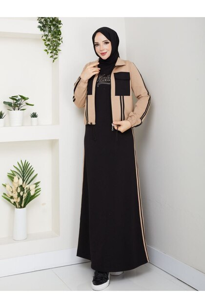 moda4b Women's 2-Piece Set Long Dress and Jacket with Pockets Two Yarns  Cotton Stylish Sporty N-05479 _ Black-Beige- Trendyol