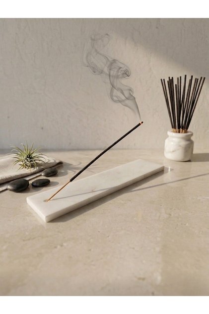 Dekoratif Doğal Beyaz Mermer Çubuk Tütsülük - Minimalist Tütsü Kayığı 6x26 cm