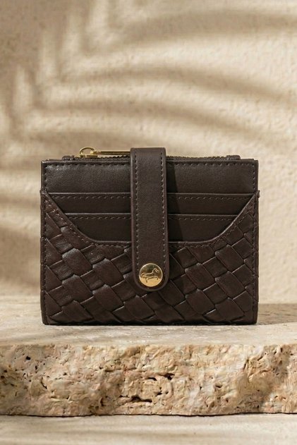 Knitted Pattern Snap Fastener Women's Bitter Brown Wallet