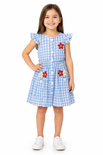 Girl's Blue Dress with Floral Embroidery on Top, Gofre Model, Pocketed, Wrinkled Fabric, and Buttons