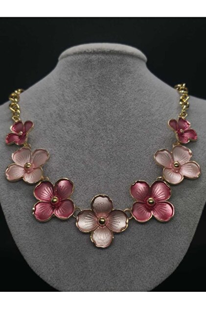 Flower Model Enamel Embroidered Steel Necklace Sakura Cherry Blossom Yellow Color Enamel Steel Necklace with Chain