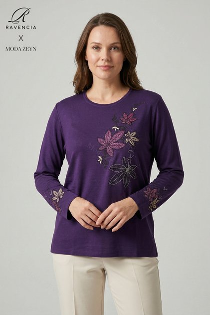 Women's Plum Colored Floral Leaf Patterned Stoned Slit Lycra Mother Combed Cotton Blouse