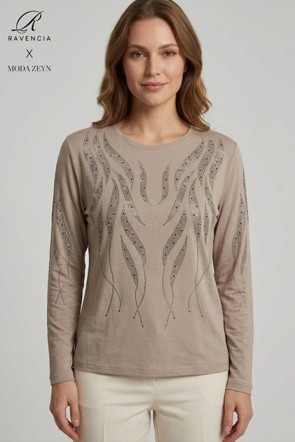 Women's Beige Spiral Stick Patterned Collar Sleeve Embroidered Stone Slit Lycra Mother Combed Cotton Blouse