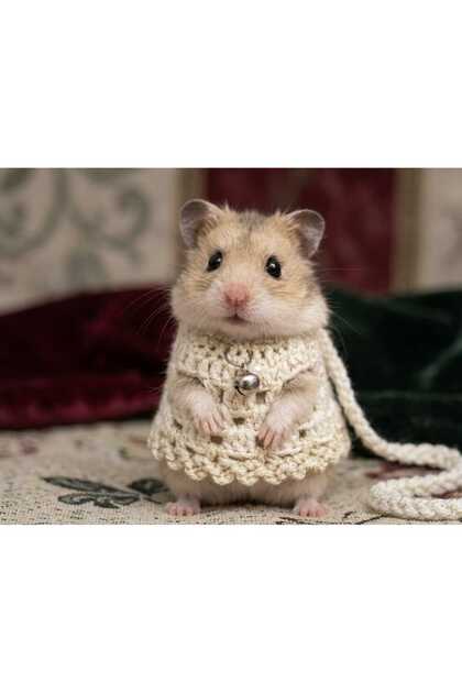 Krem Renkli El Örgüsü Hamster Elbisesi - Çanlı Küçük Hayvan Kostümü