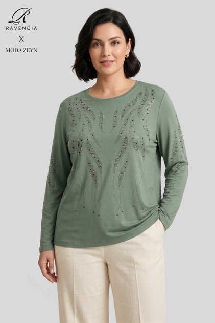 Women's Spiral Stick Patterned Collar and Skirt, Stone Embroidered, Slit, Lycra, Mother's Combed Cotton Blouse