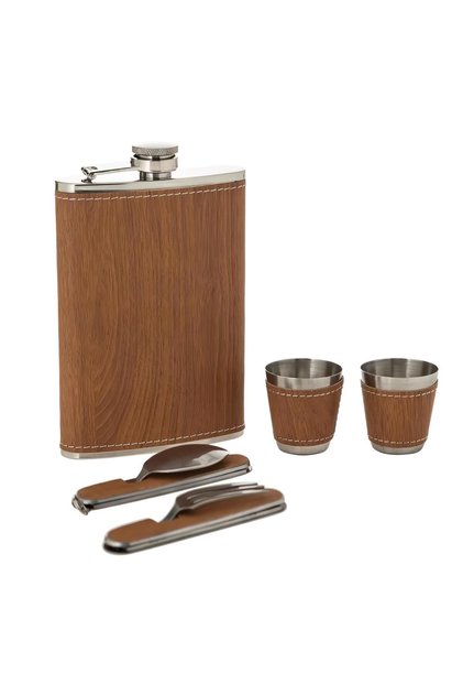 Luxury Leather Covered Steel Flask Set 270 ml with 2 Cups Spoon Fork Outdoor Camping Pocket Flask