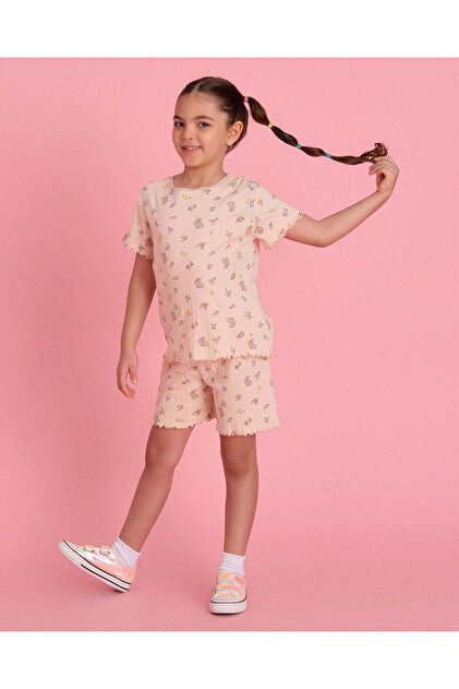 Girls Pink Printed 2-Piece Casual Shorts Set