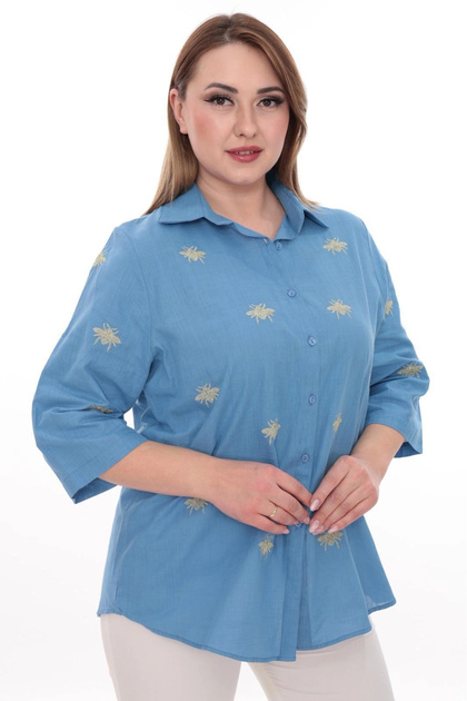 Plus Size Women's Shirt 100% Cotton Bee Embroidery Detailed Relaxed Fit Stylish Casual Shirt
