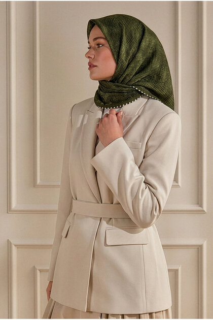 Oil Green Piping Detail Patterned Muslin Scarf