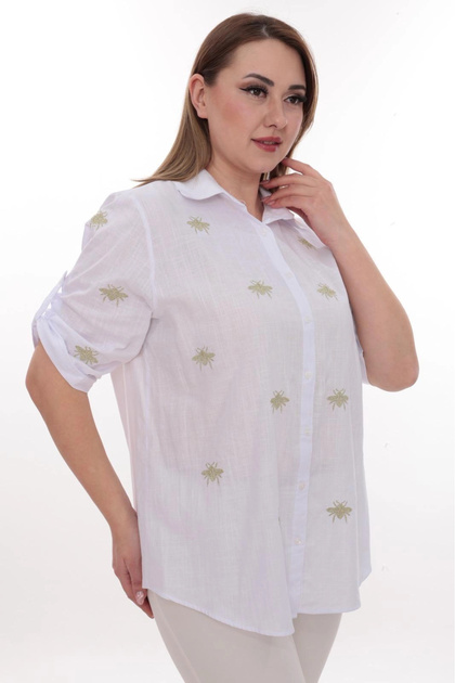 Plus Size Women's Shirt 100% Cotton Bee Embroidery Detailed Relaxed Fit Stylish Casual Shirt