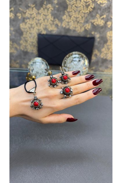 Mercan taşlı otantik gümüş set
