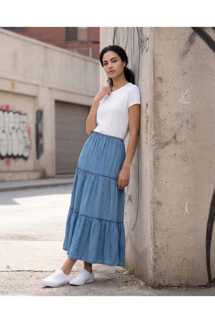 Women Blue Tiered Tencel Skirt