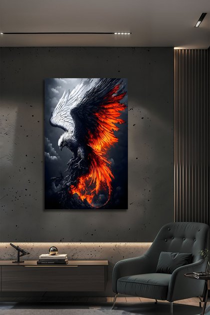Ateşli Kartal Tasarımlı Lüks Modern Dekoratif Yüksek Çözünürlüklü UV Baskı Cam Tablo